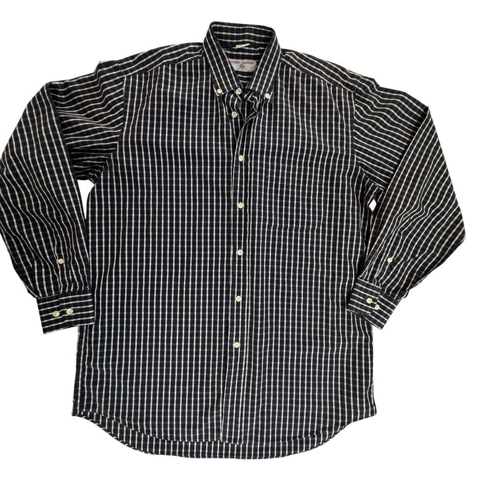 Luciano Barbera Button Down Shirt Navy Blue Grid Made in Italy 100% Cotton SZ L